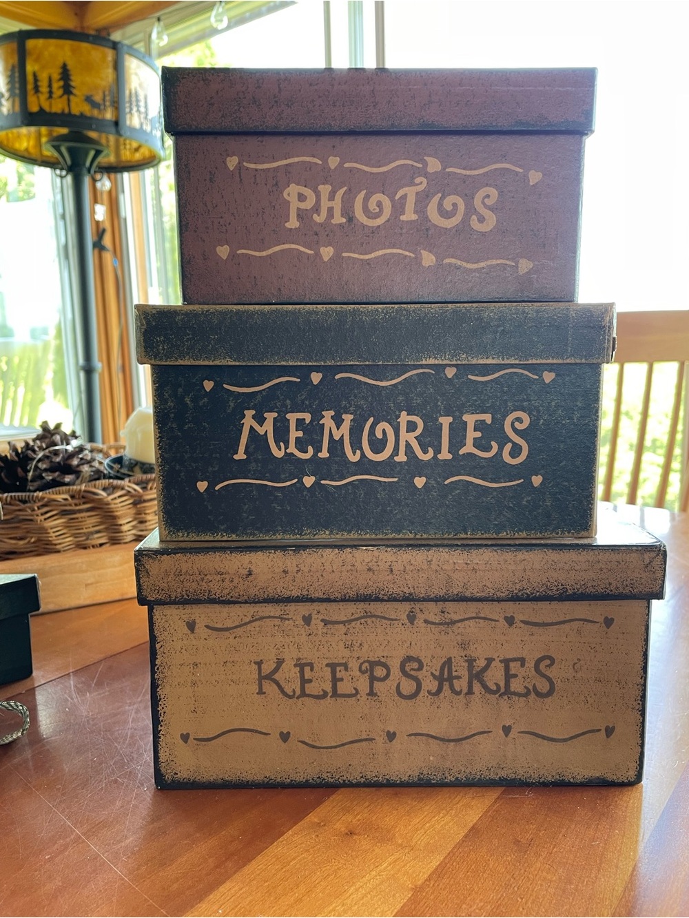 Primitive Stacking & Nesting Decorative Storage Boxes Burgundy Black Tan